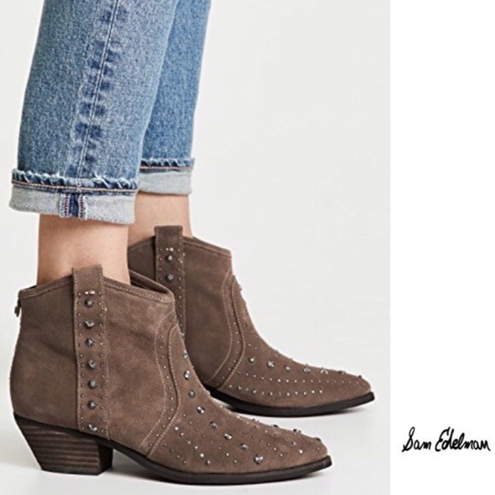 Sam Edelman Brian Bootie Western Studded Boots    Sz 8 Taupe Suede